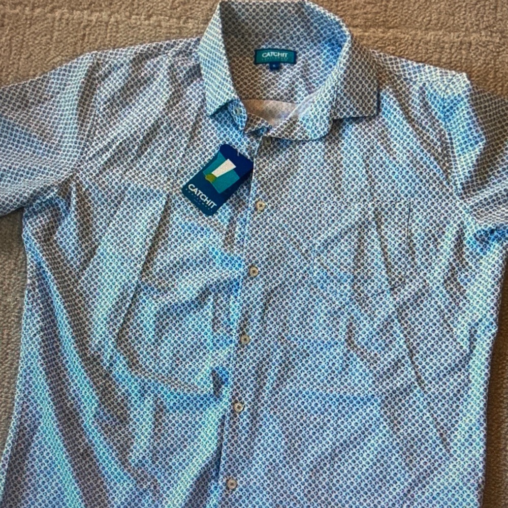 Men's Short-Sleeve Blue Geo Print Button-Down Shirt